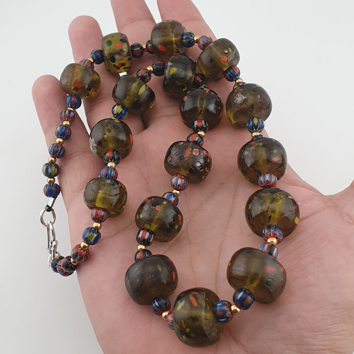 Vintage Venetian Style Aveneturine & Chevron Glass Beads Necklace