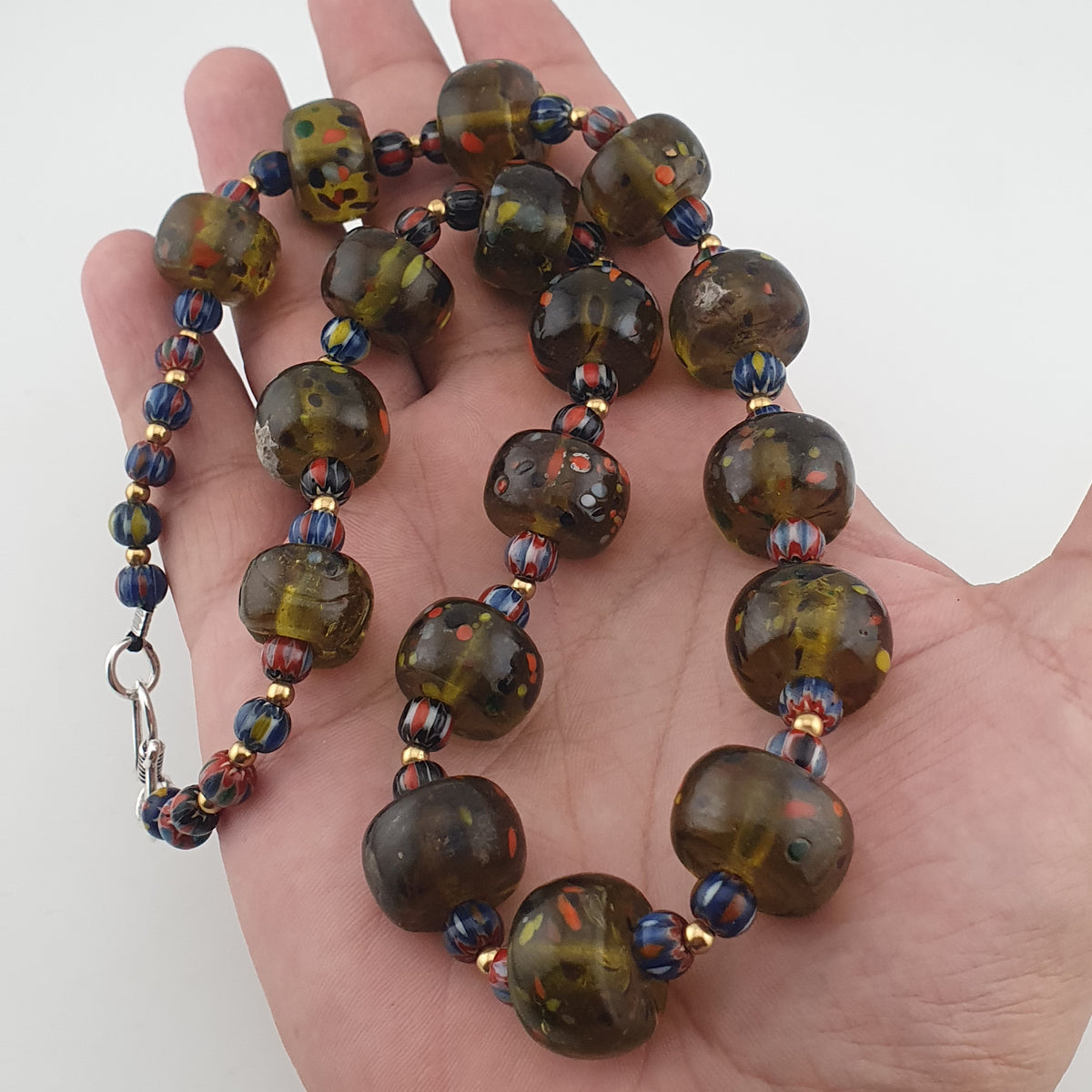 Vintage Venetian Style Aveneturine & Chevron Glass Beads Necklace