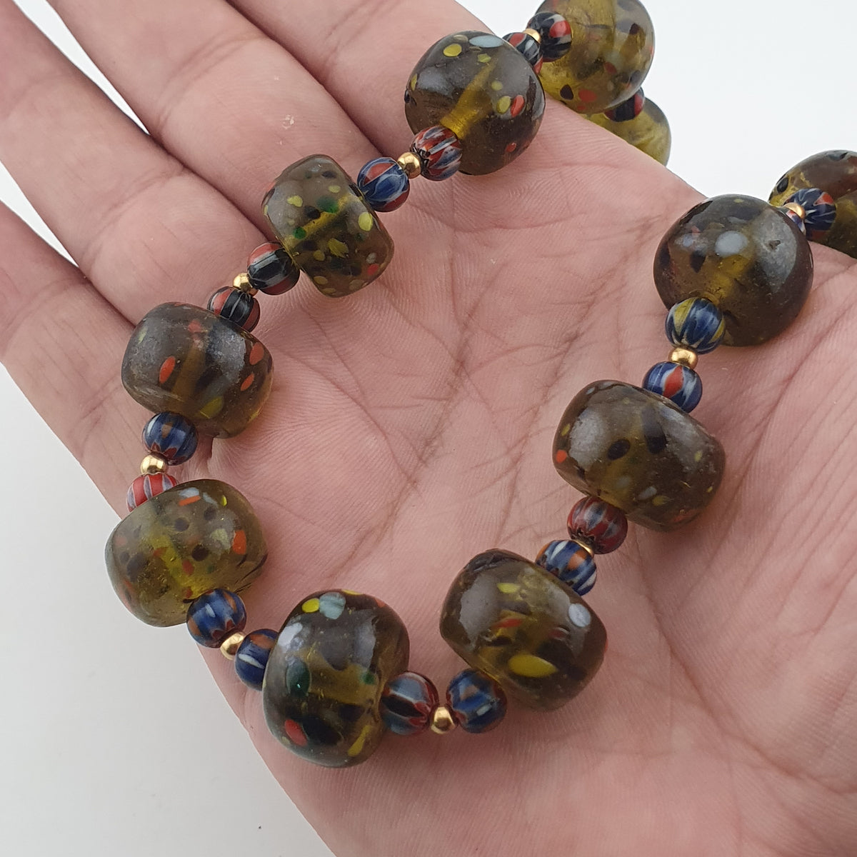 Vintage Venetian Style Aveneturine & Chevron Glass Beads Necklace
