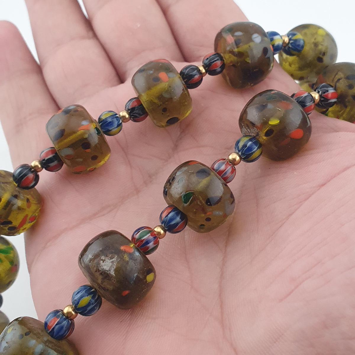 Vintage Venetian Style Aveneturine & Chevron Glass Beads Necklace