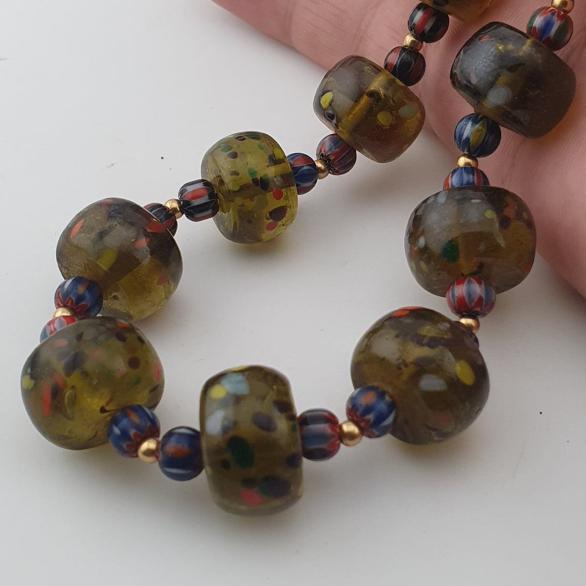 Vintage Venetian Style Aveneturine & Chevron Glass Beads Necklace