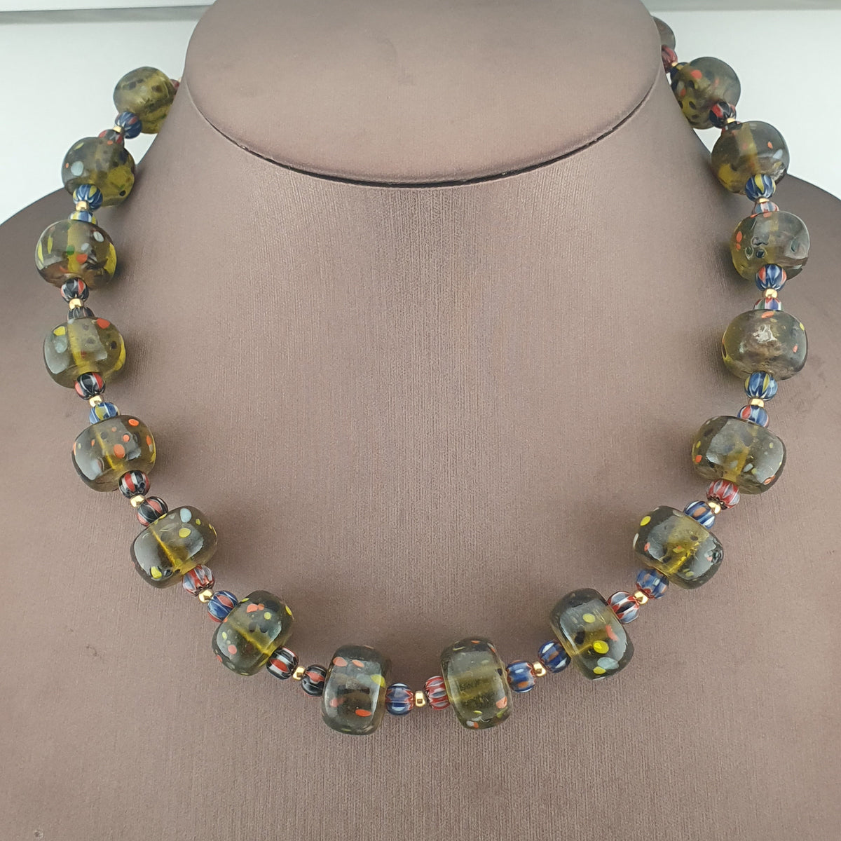 Vintage Venetian Style Aveneturine & Chevron Glass Beads Necklace