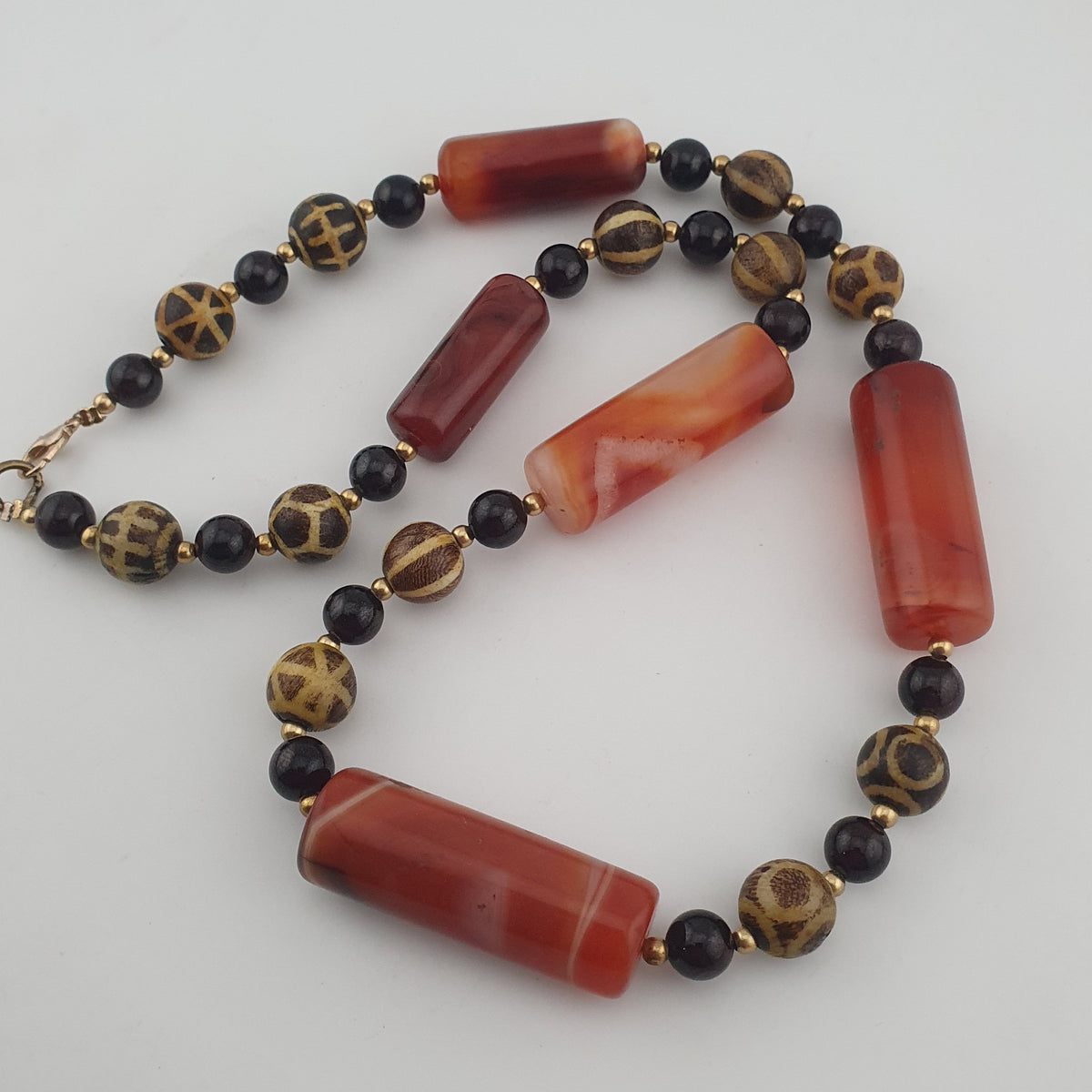 Antique Burmese Pumtek Pyu & Carnelian Natural Eye Agate with Garnet Gemstone Necklace
