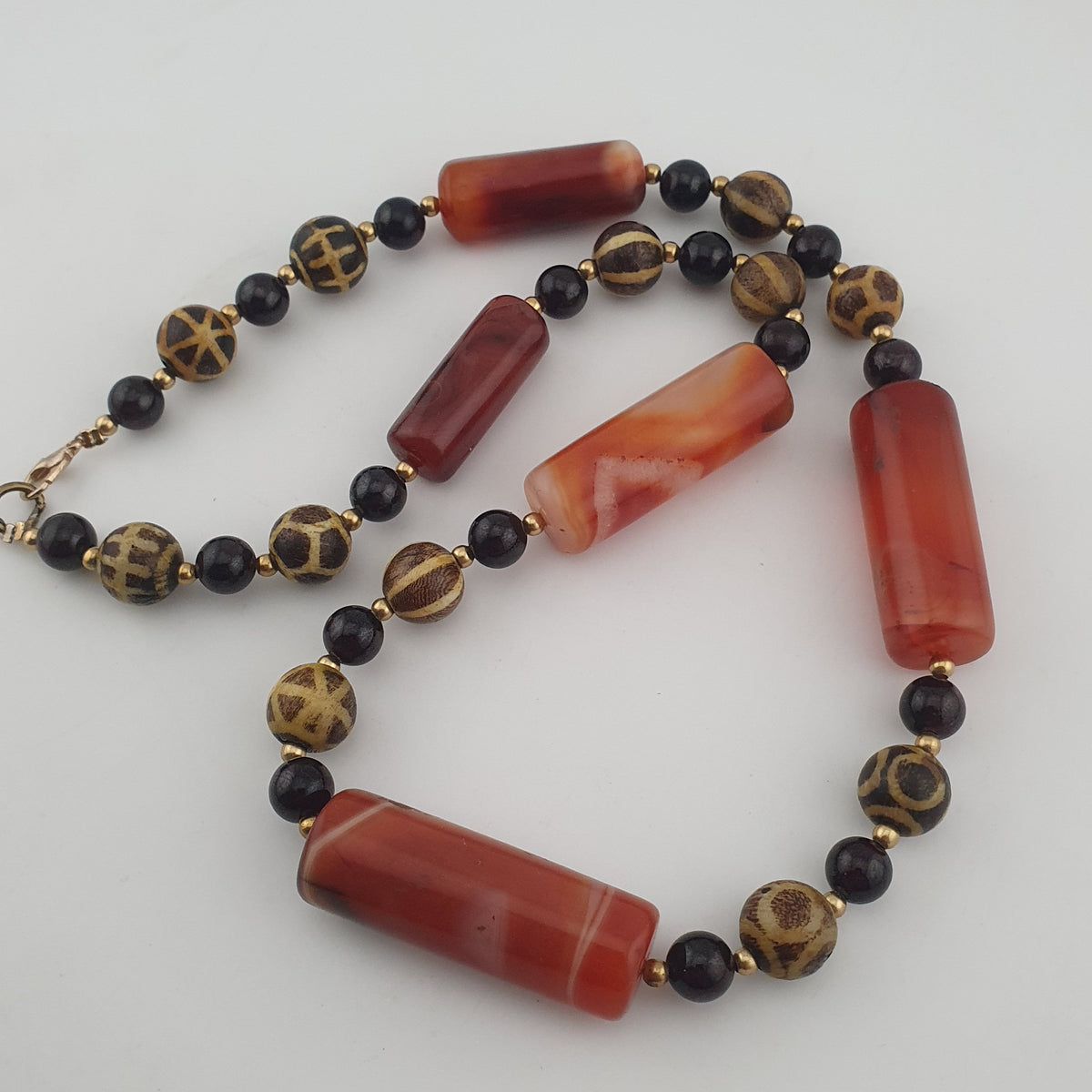 Antique Burmese Pumtek Pyu & Carnelian Natural Eye Agate with Garnet Gemstone Necklace