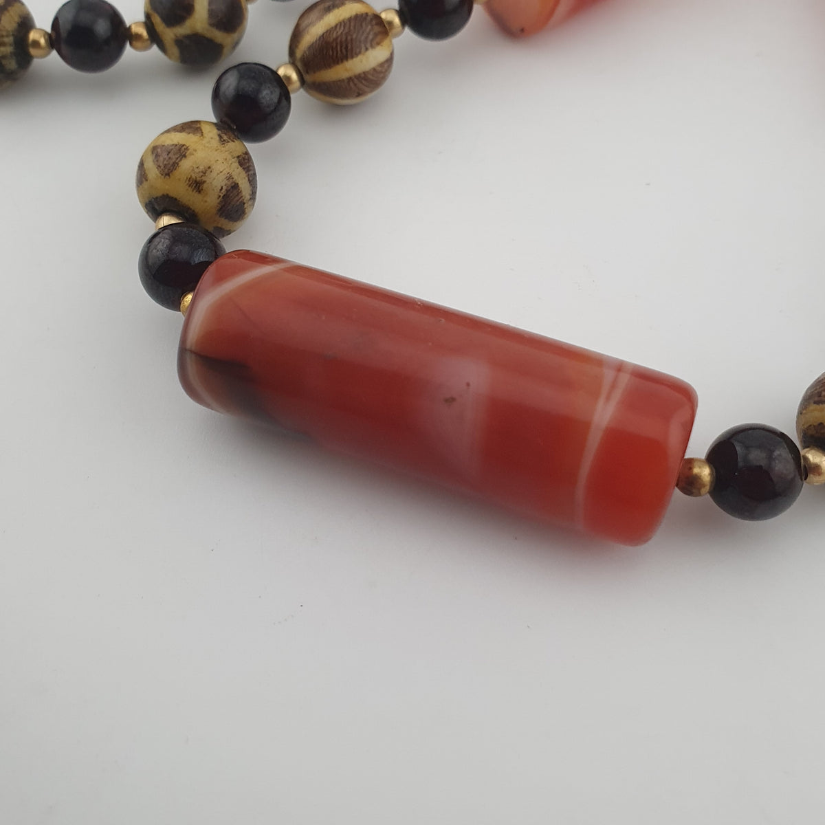 Antique Burmese Pumtek Pyu & Carnelian Natural Eye Agate with Garnet Gemstone Necklace