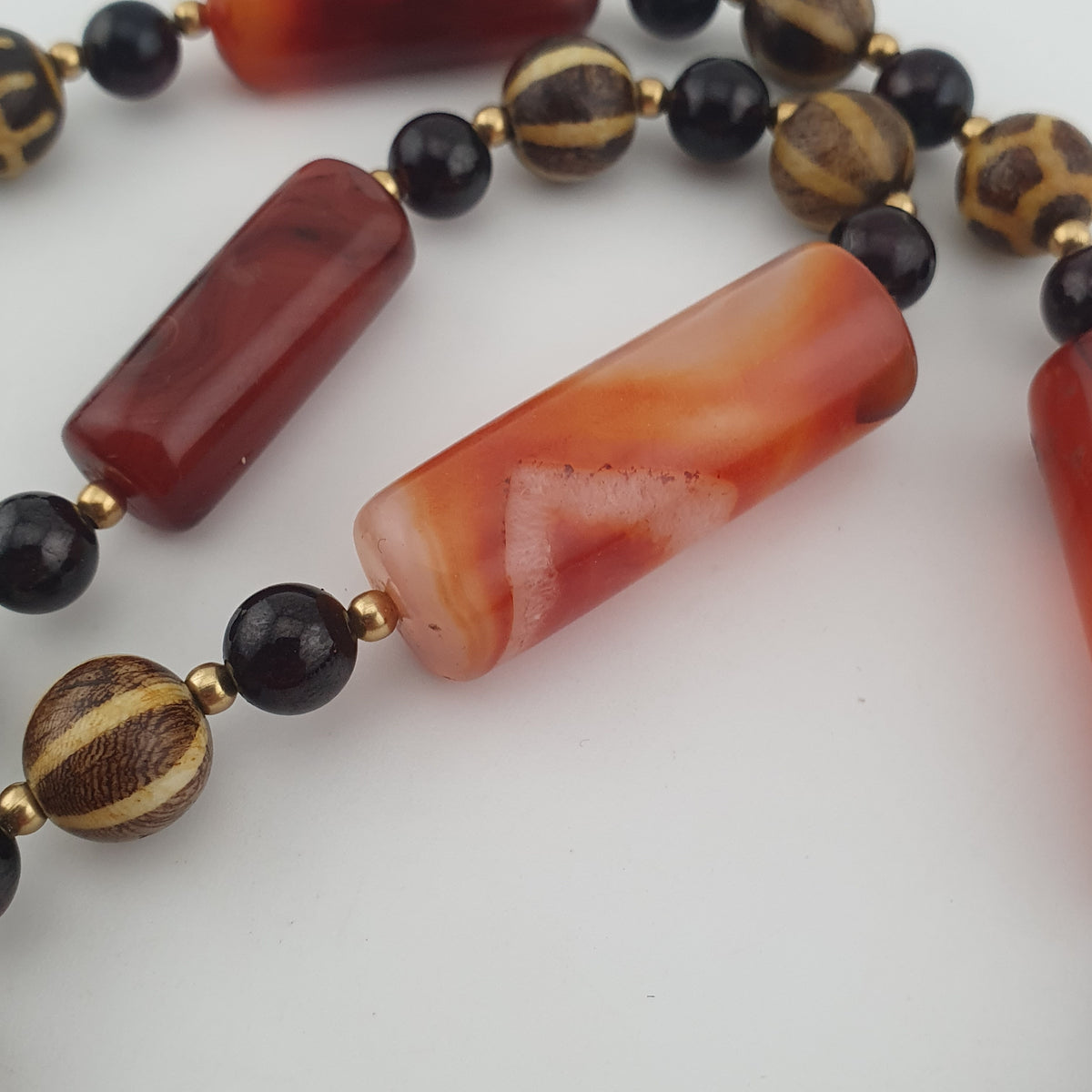 Antique Burmese Pumtek Pyu & Carnelian Natural Eye Agate with Garnet Gemstone Necklace