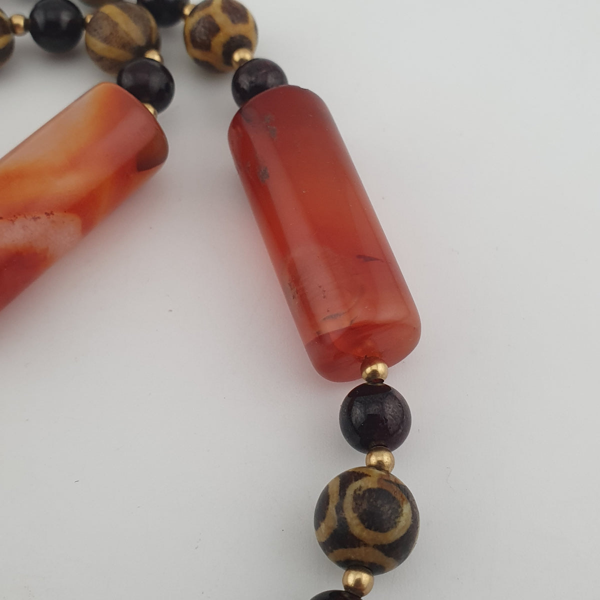 Antique Burmese Pumtek Pyu & Carnelian Natural Eye Agate with Garnet Gemstone Necklace