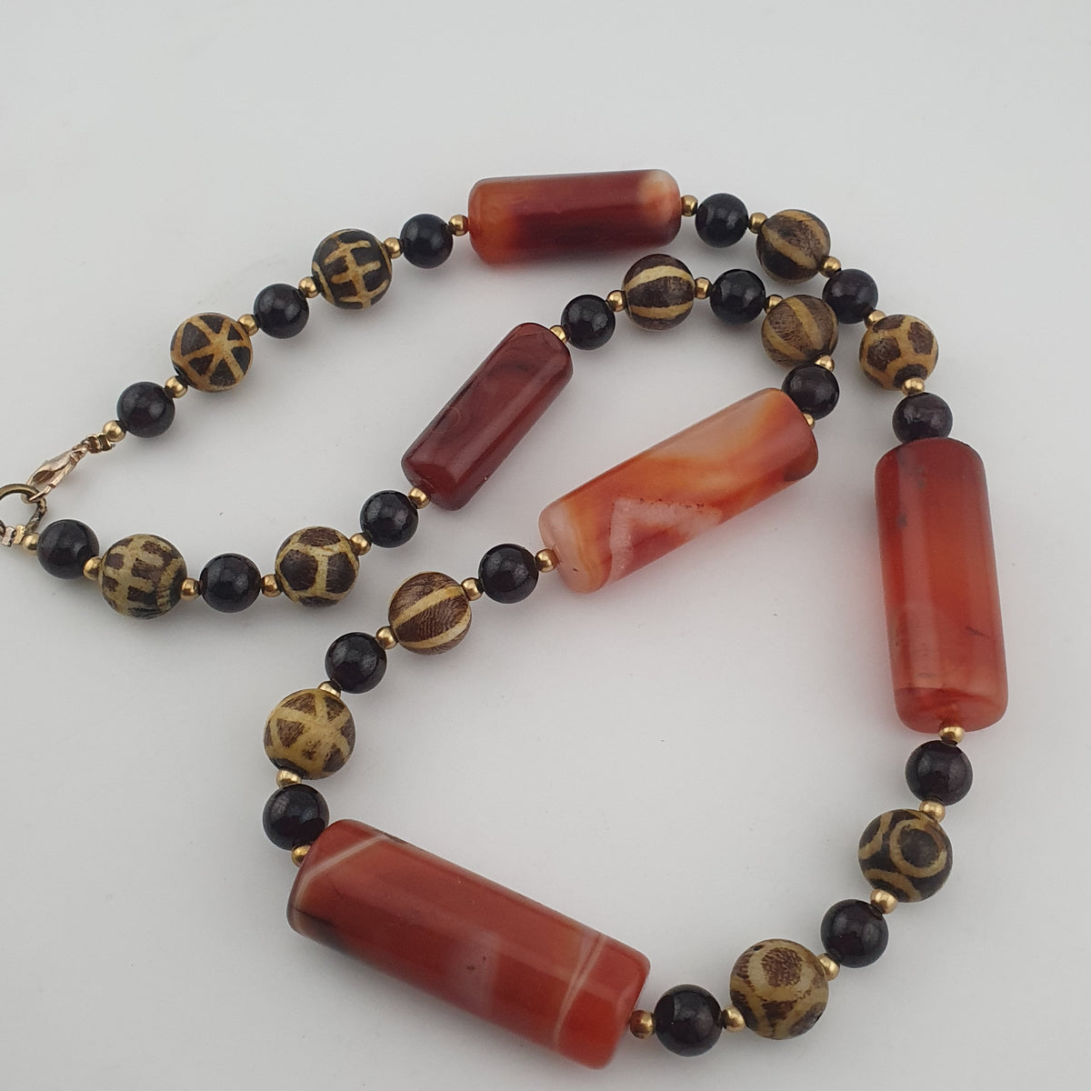 Antique Burmese Pumtek Pyu & Carnelian Natural Eye Agate with Garnet Gemstone Necklace
