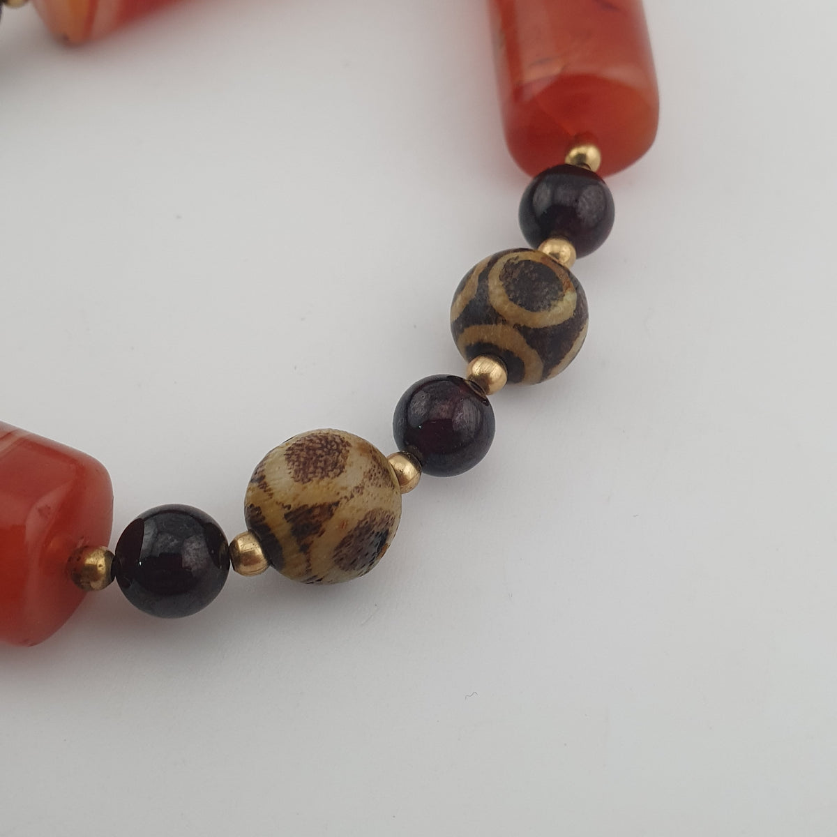 Antique Burmese Pumtek Pyu & Carnelian Natural Eye Agate with Garnet Gemstone Necklace