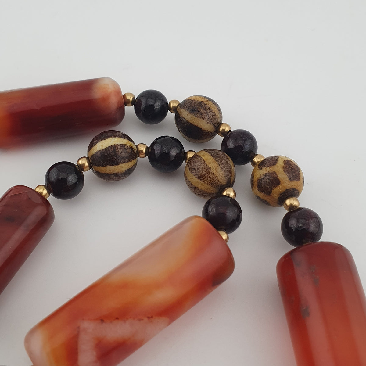 Antique Burmese Pumtek Pyu & Carnelian Natural Eye Agate with Garnet Gemstone Necklace