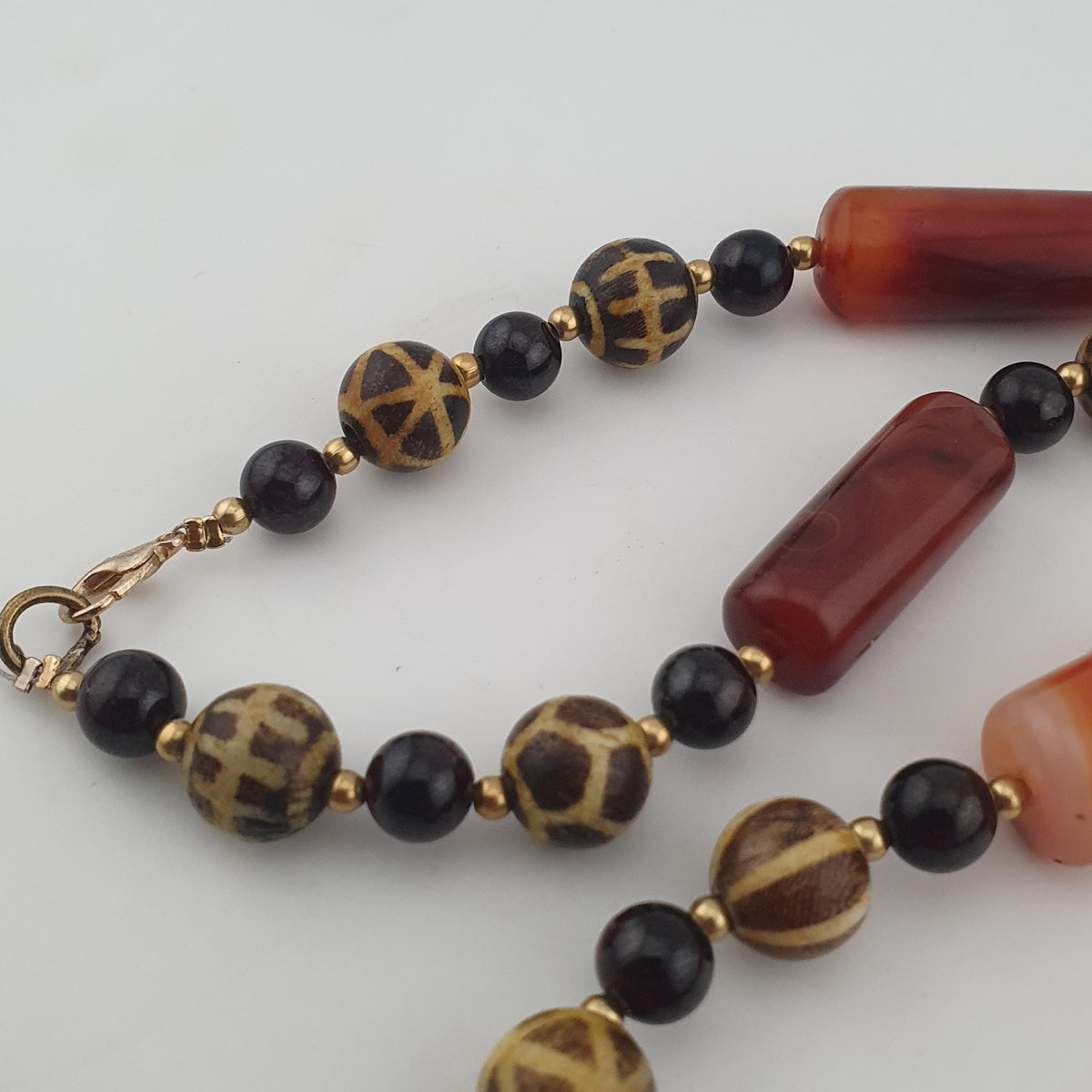 Antique Burmese Pumtek Pyu & Carnelian Natural Eye Agate with Garnet Gemstone Necklace