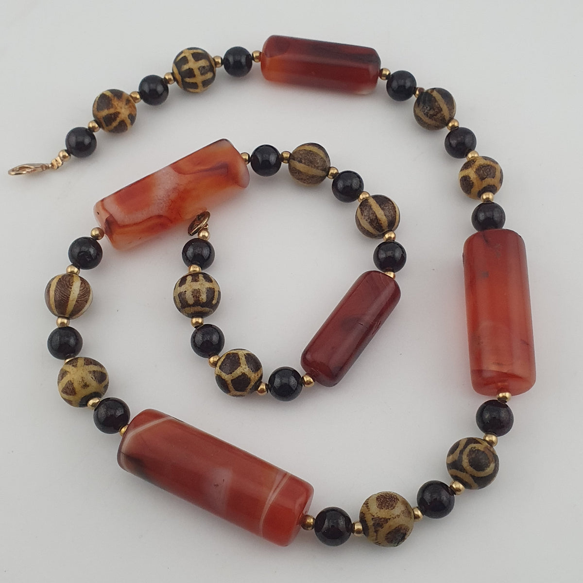 Antique Burmese Pumtek Pyu & Carnelian Natural Eye Agate with Garnet Gemstone Necklace