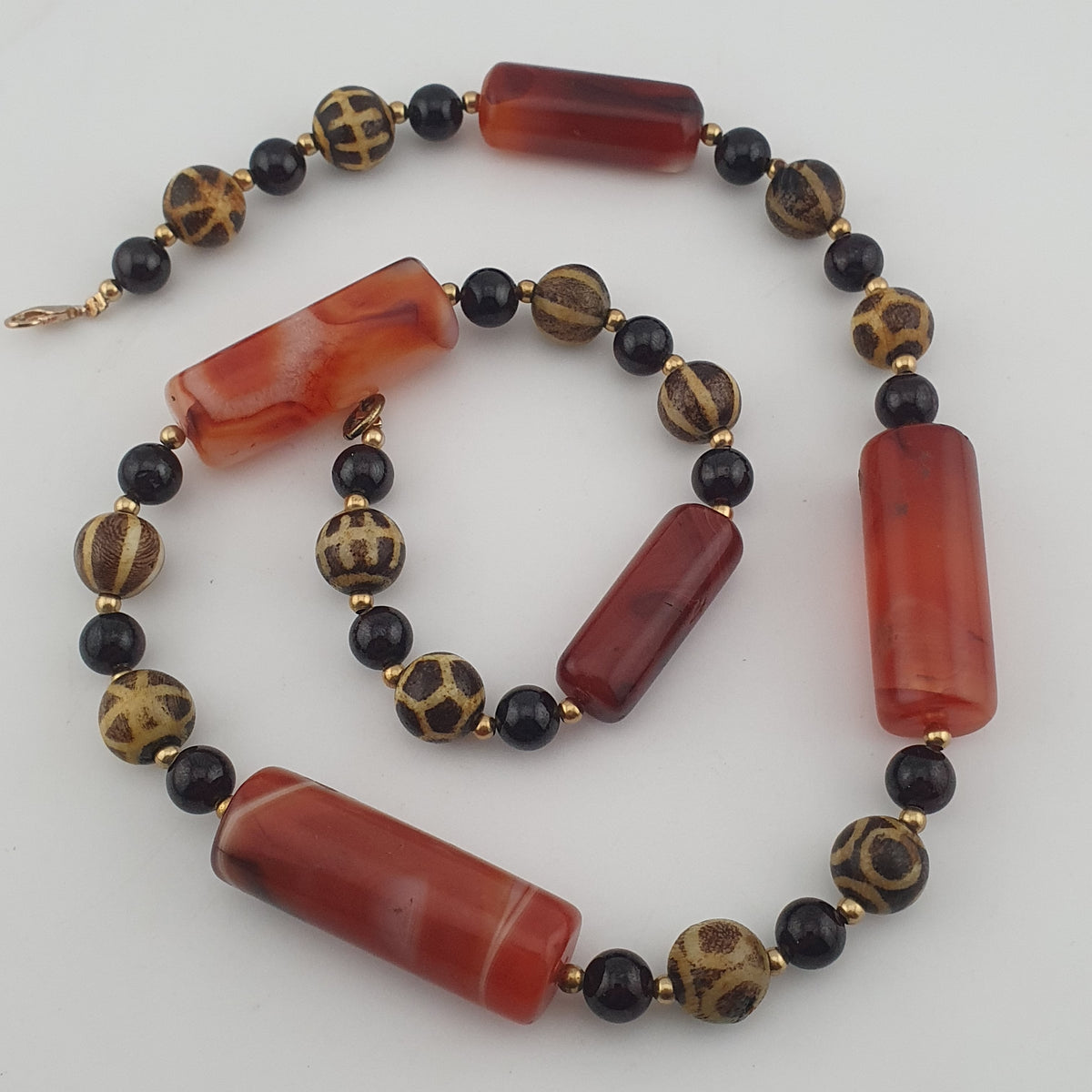 Antique Burmese Pumtek Pyu & Carnelian Natural Eye Agate with Garnet Gemstone Necklace