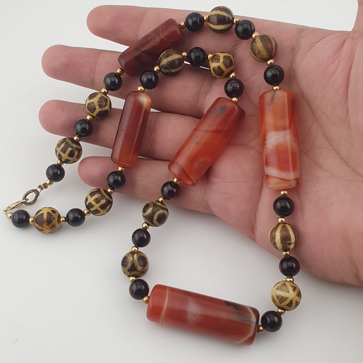 Antique Burmese Pumtek Pyu & Carnelian Natural Eye Agate with Garnet Gemstone Necklace