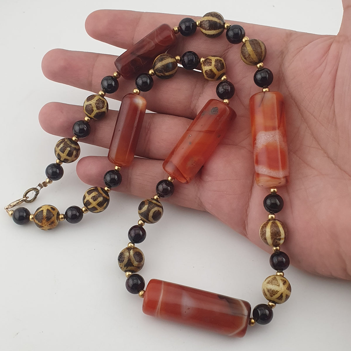 Antique Burmese Pumtek Pyu & Carnelian Natural Eye Agate with Garnet Gemstone Necklace