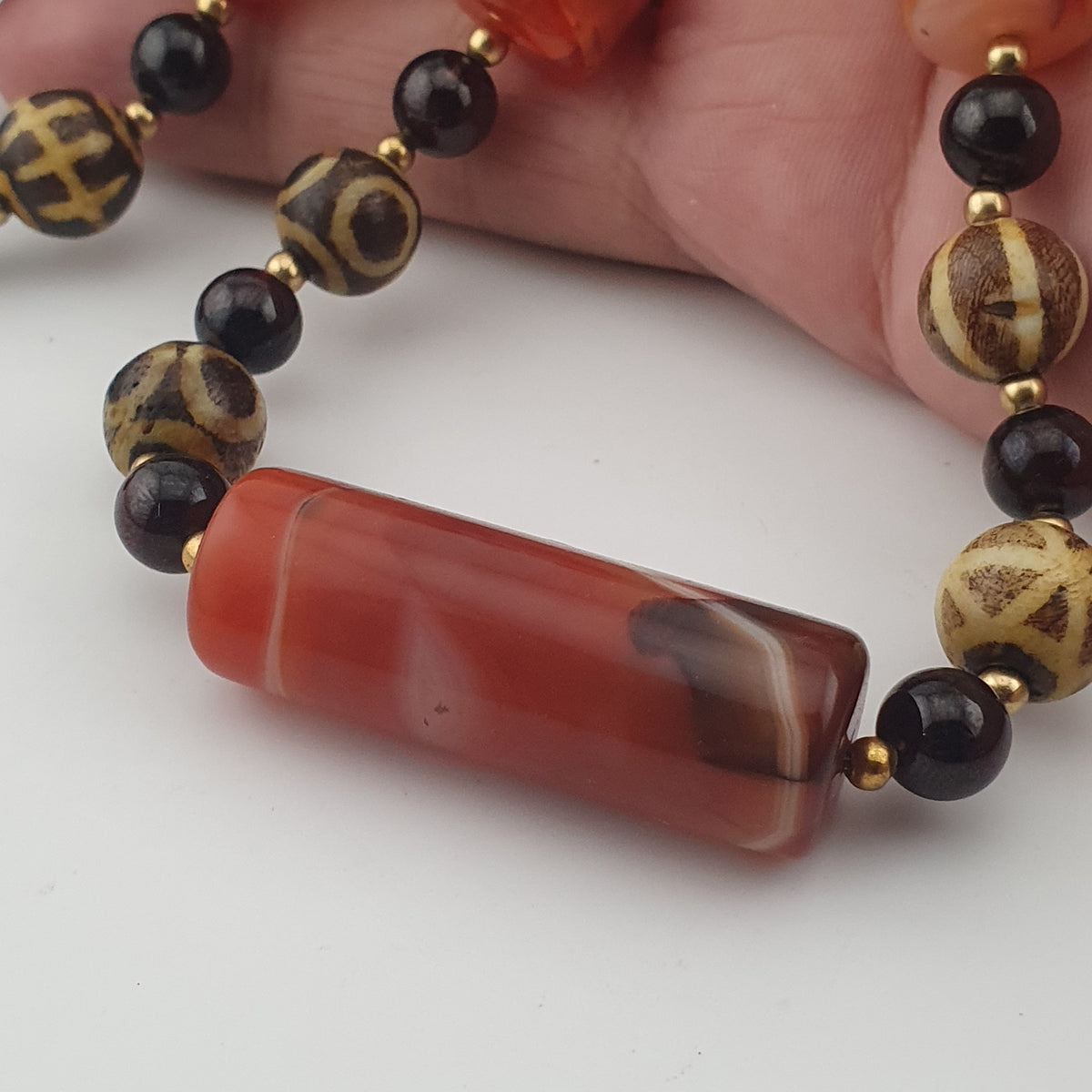Antique Burmese Pumtek Pyu & Carnelian Natural Eye Agate with Garnet Gemstone Necklace