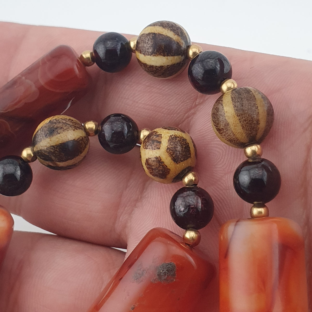 Antique Burmese Pumtek Pyu & Carnelian Natural Eye Agate with Garnet Gemstone Necklace