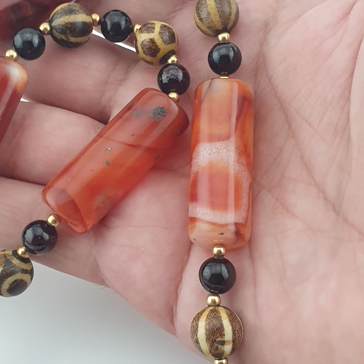 Antique Burmese Pumtek Pyu & Carnelian Natural Eye Agate with Garnet Gemstone Necklace