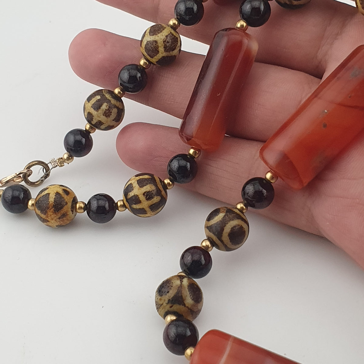 Antique Burmese Pumtek Pyu & Carnelian Natural Eye Agate with Garnet Gemstone Necklace