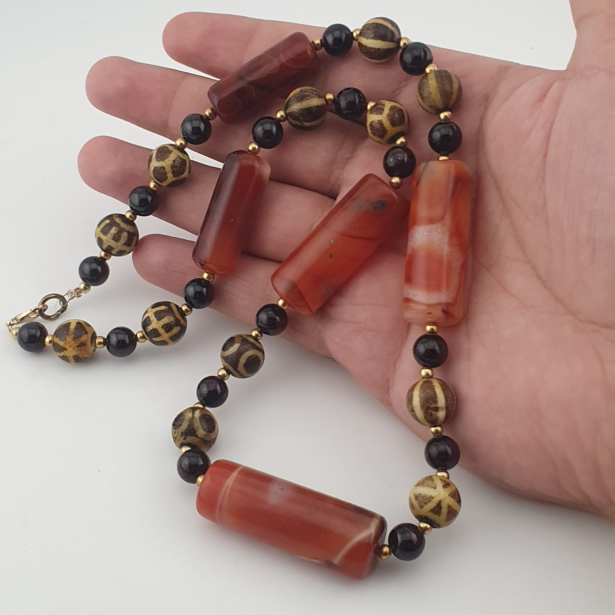 Antique Burmese Pumtek Pyu & Carnelian Natural Eye Agate with Garnet Gemstone Necklace