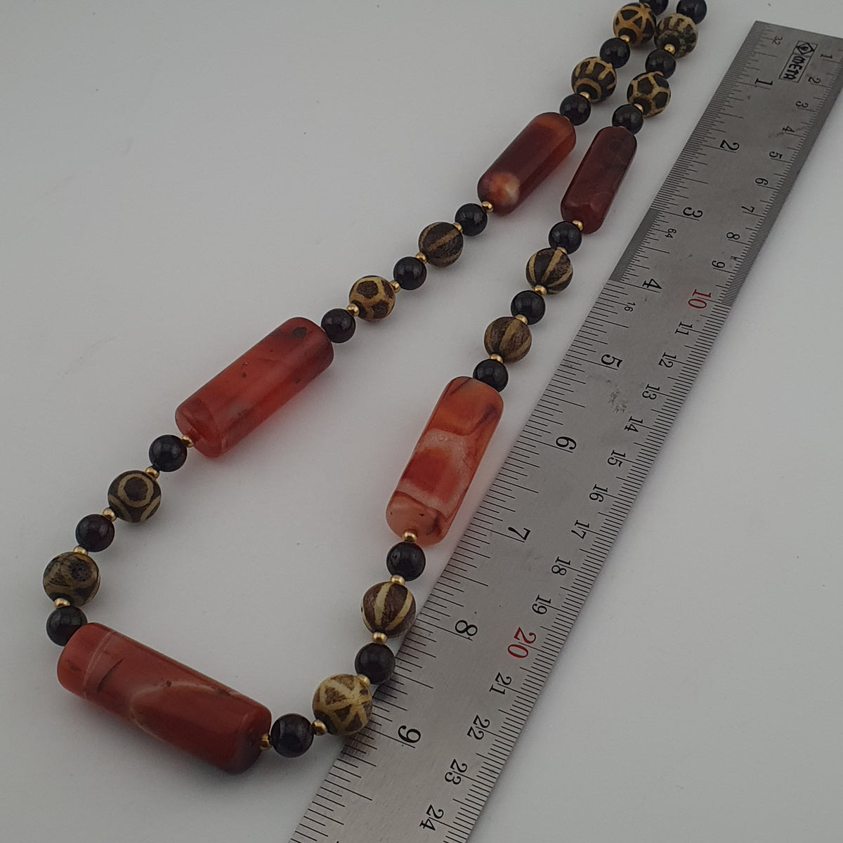 Antique Burmese Pumtek Pyu & Carnelian Natural Eye Agate with Garnet Gemstone Necklace