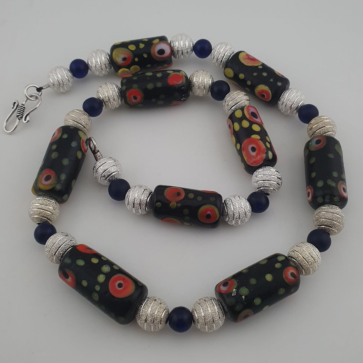 Vintage Venetian Style Eye Trade Glass, African Blue & Brass Bead Necklace
