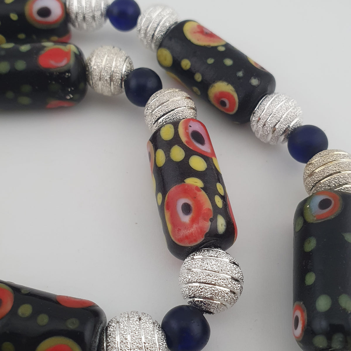 Vintage Venetian Style Eye Trade Glass, African Blue & Brass Bead Necklace