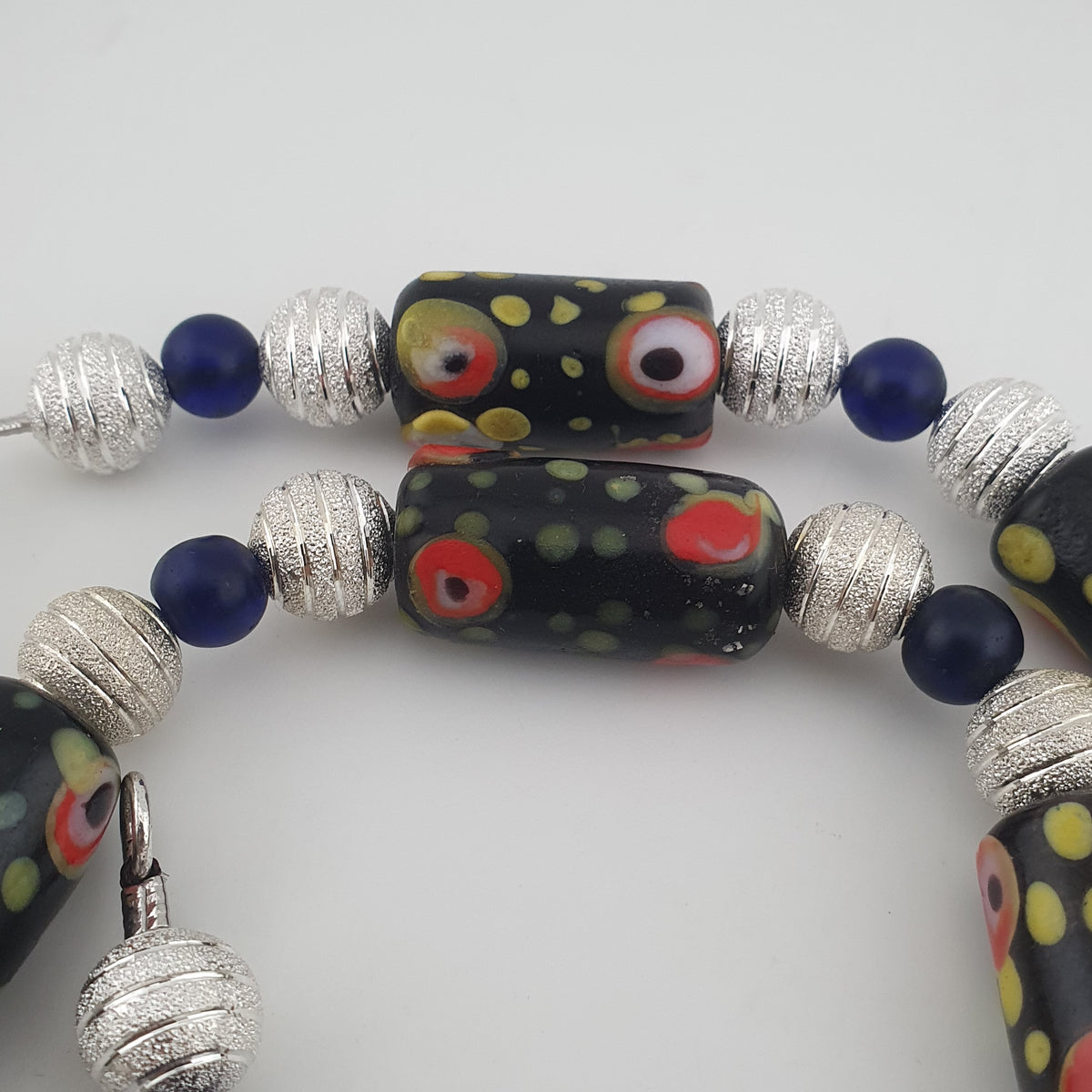 Vintage Venetian Style Eye Trade Glass, African Blue & Brass Bead Necklace