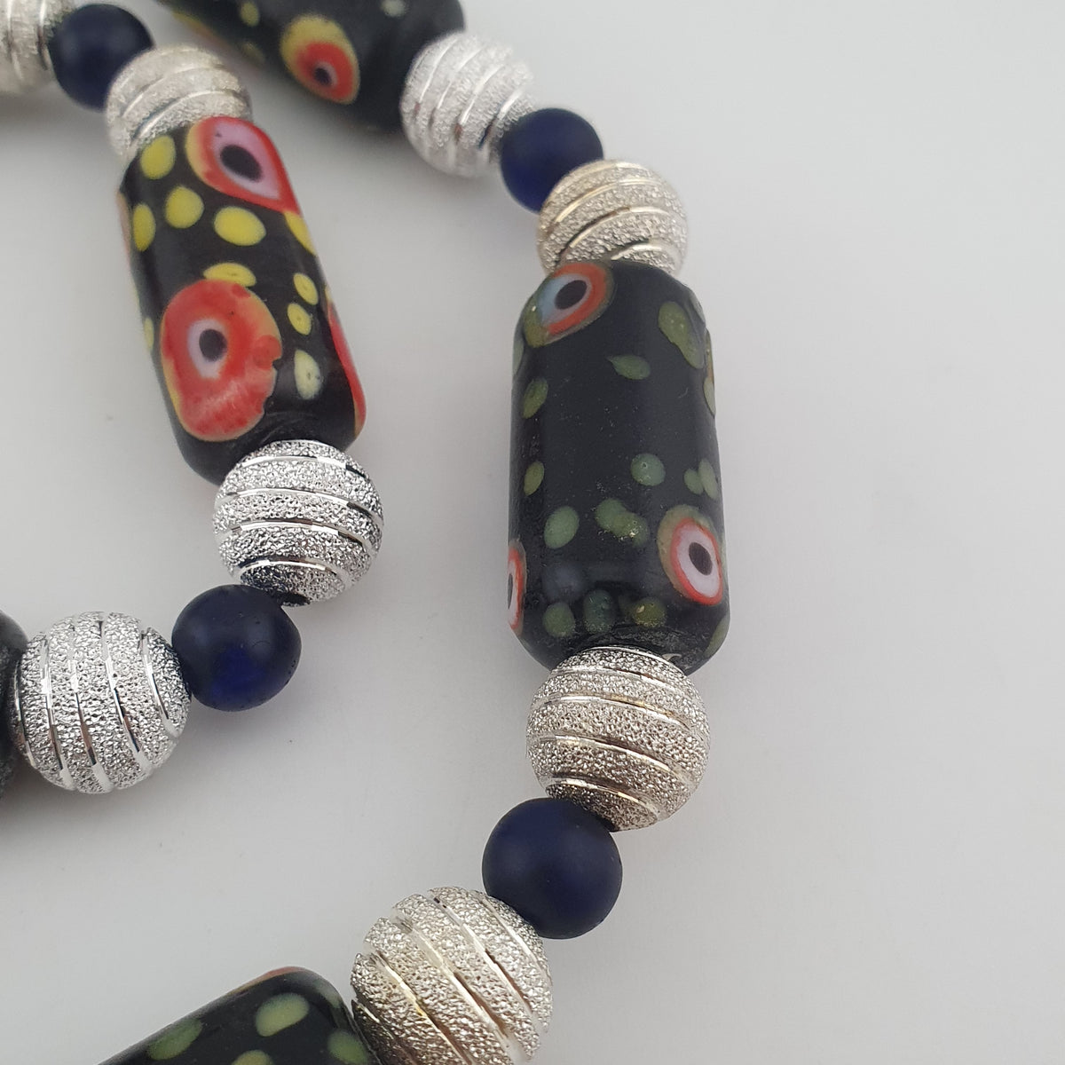 Vintage Venetian Style Eye Trade Glass, African Blue & Brass Bead Necklace