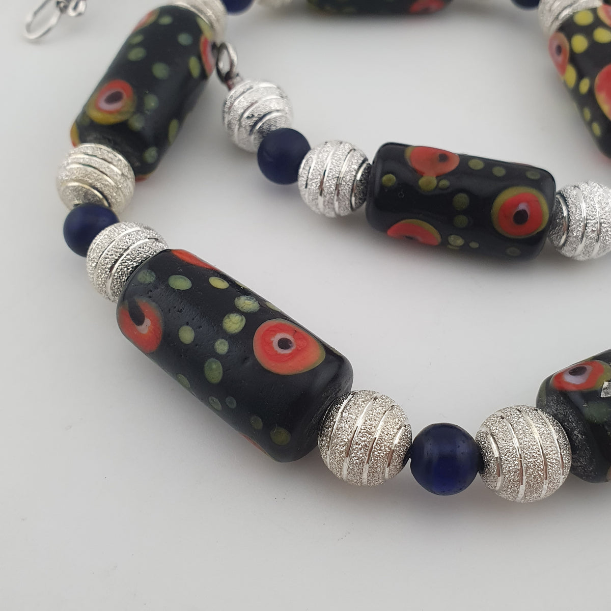 Vintage Venetian Style Eye Trade Glass, African Blue & Brass Bead Necklace