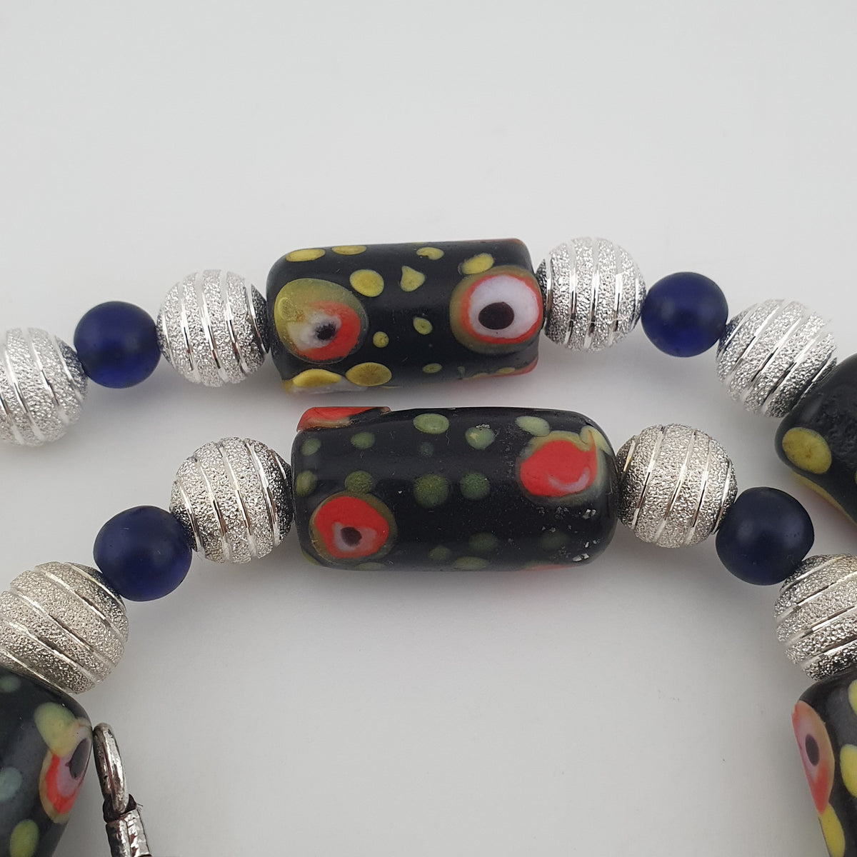 Vintage Venetian Style Eye Trade Glass, African Blue & Brass Bead Necklace