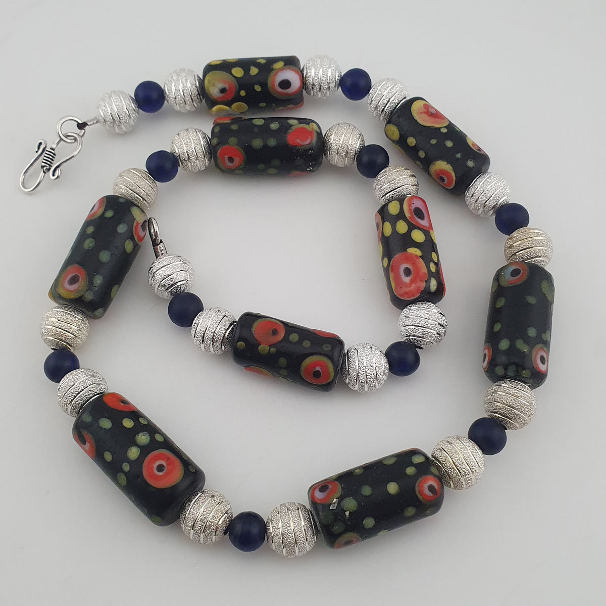 Vintage Venetian Style Eye Trade Glass, African Blue & Brass Bead Necklace