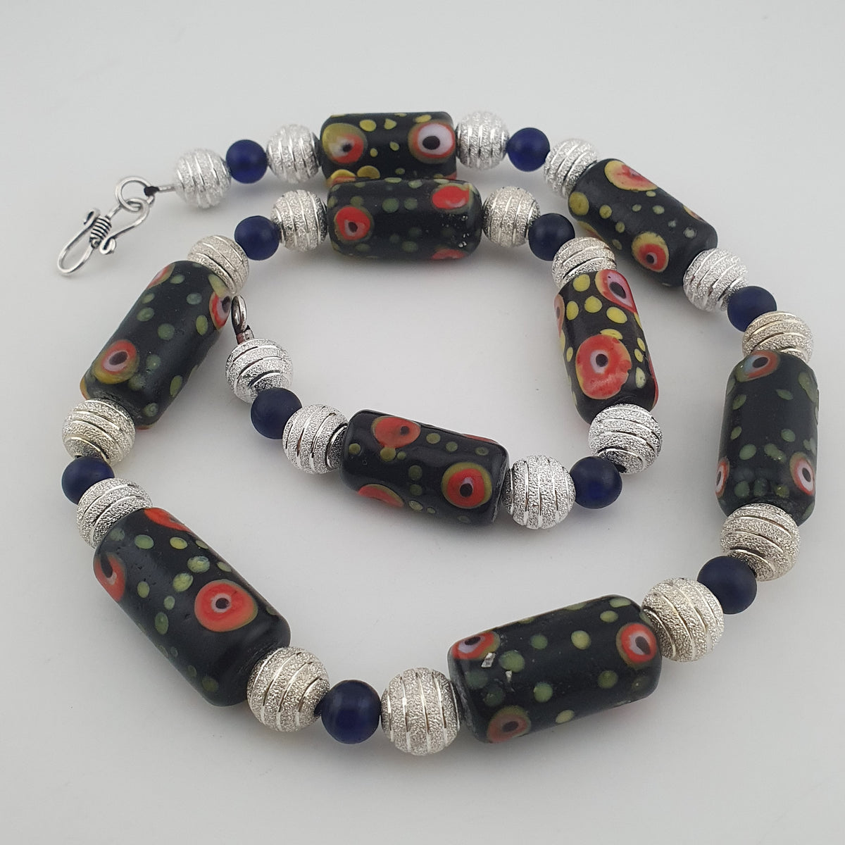 Vintage Venetian Style Eye Trade Glass, African Blue & Brass Bead Necklace