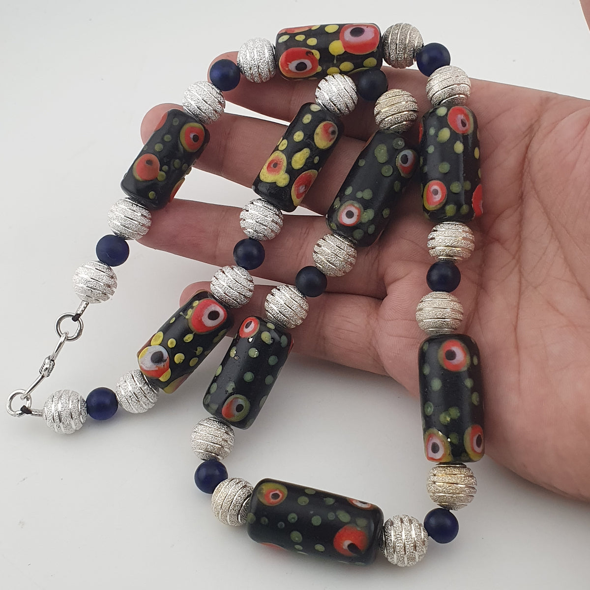 Vintage Venetian Style Eye Trade Glass, African Blue & Brass Bead Necklace