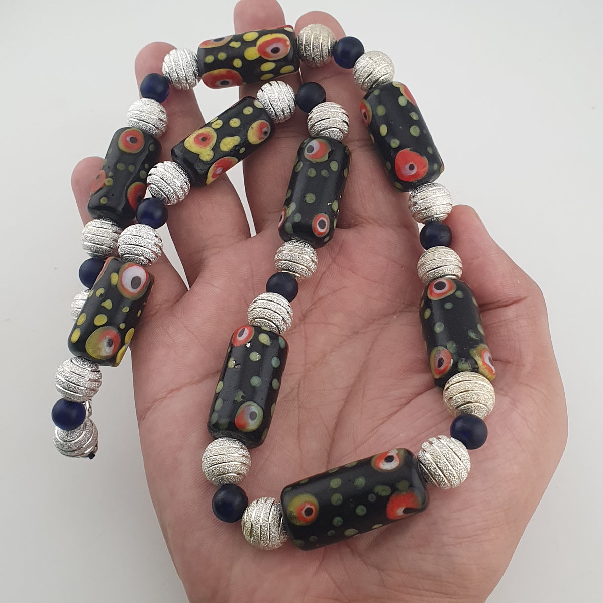 Vintage Venetian Style Eye Trade Glass, African Blue & Brass Bead Necklace