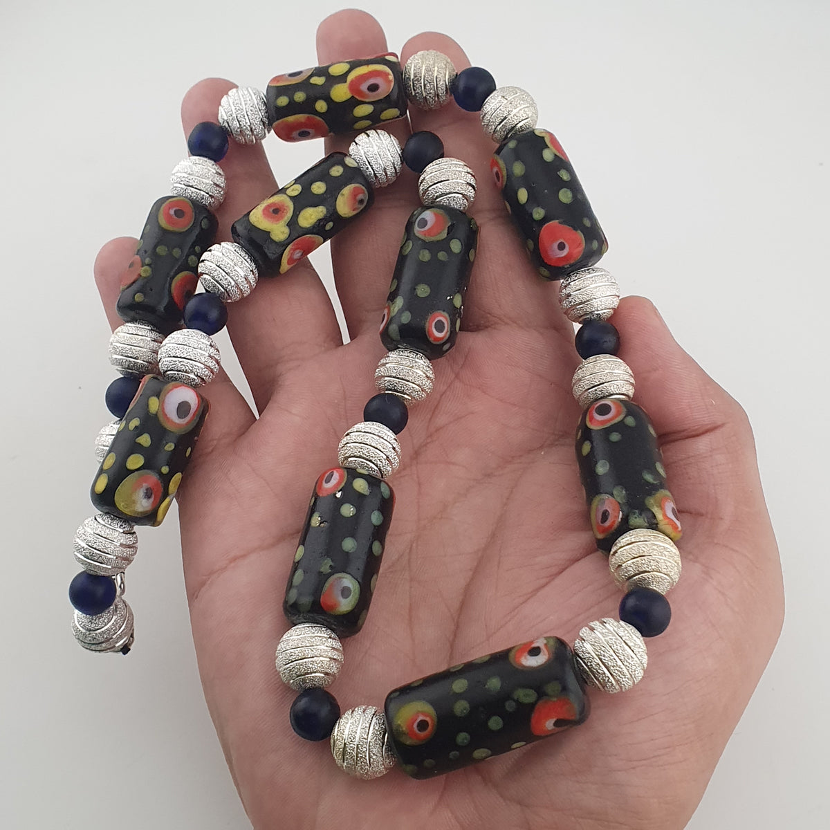 Vintage Venetian Style Eye Trade Glass, African Blue & Brass Bead Necklace
