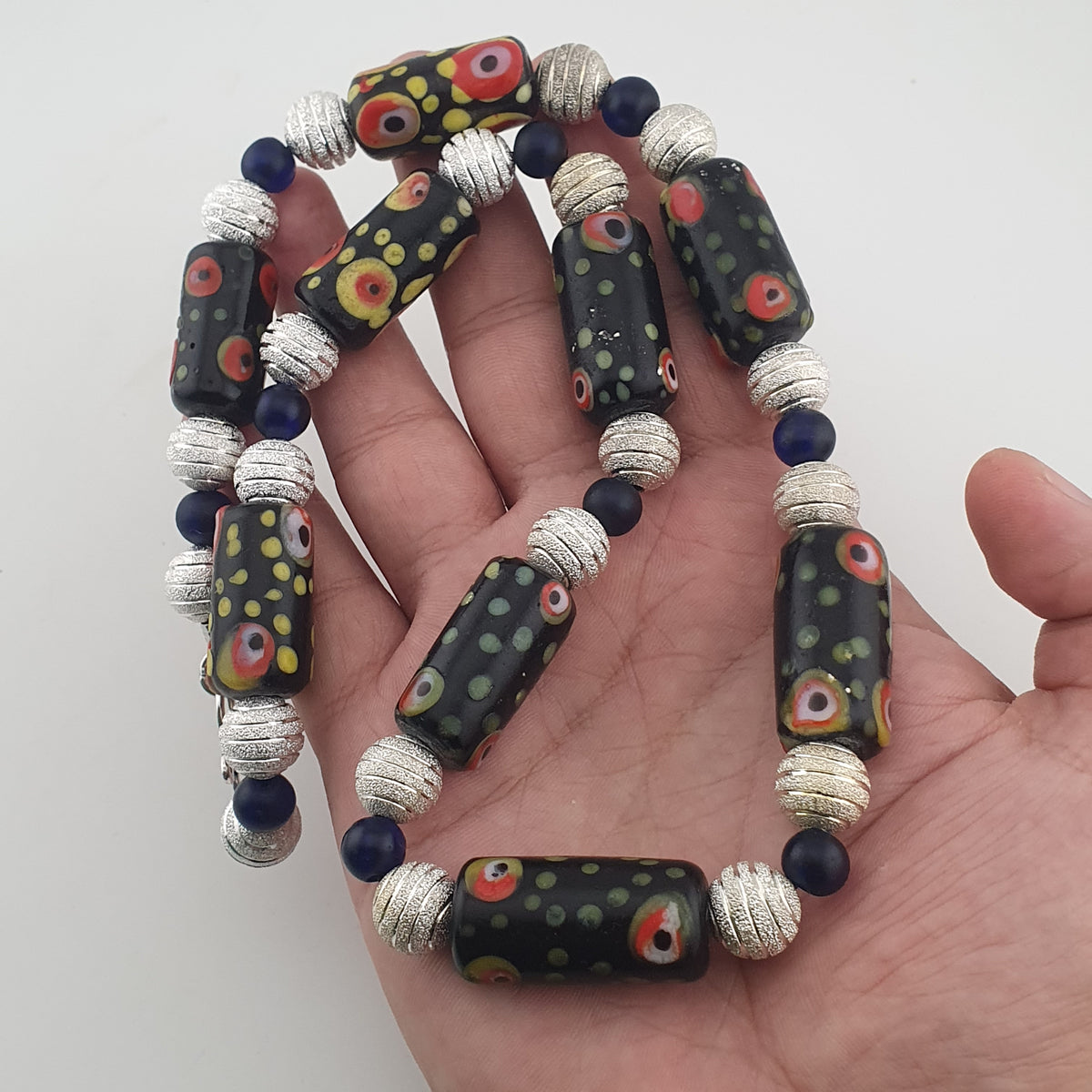 Vintage Venetian Style Eye Trade Glass, African Blue & Brass Bead Necklace