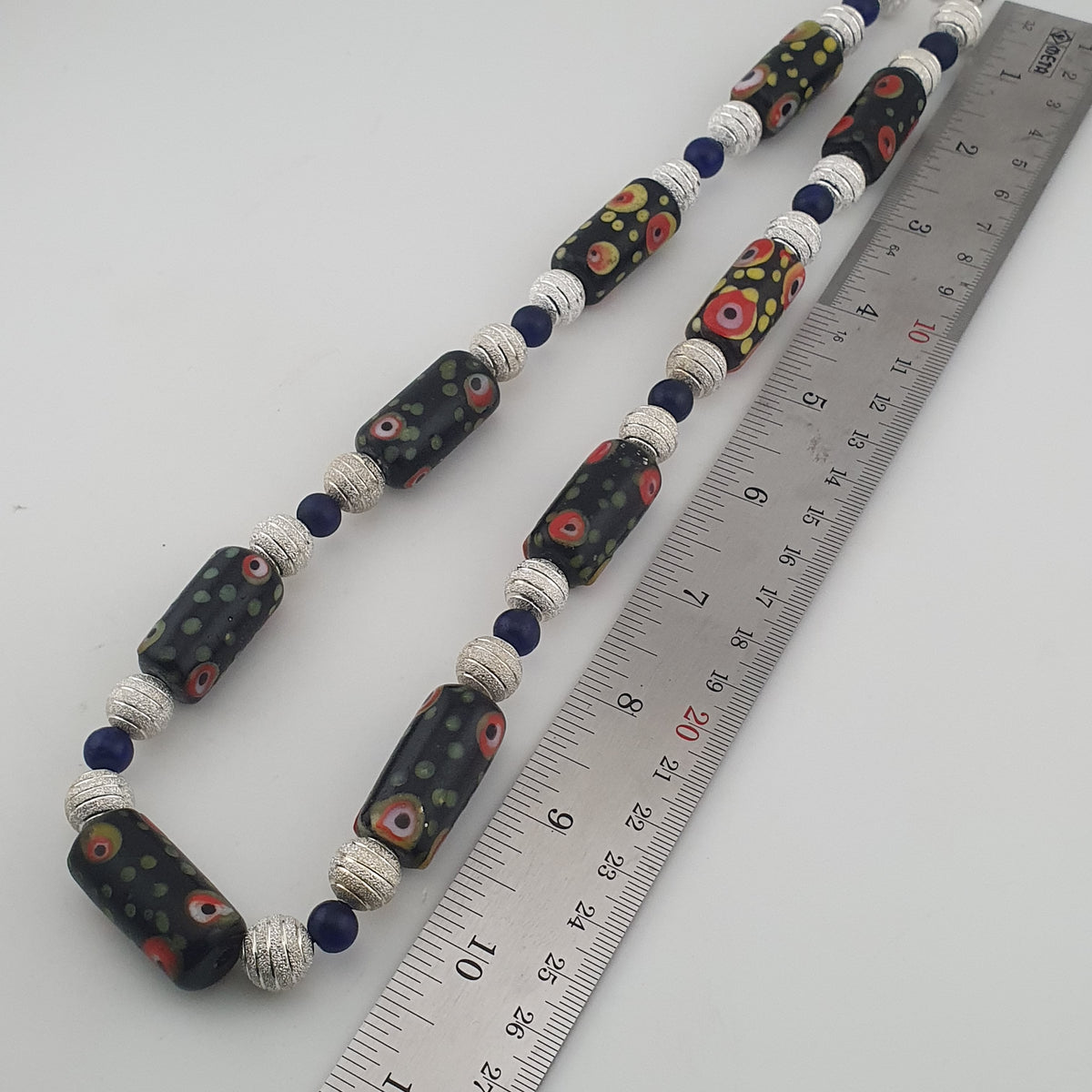 Vintage Venetian Style Eye Trade Glass, African Blue & Brass Bead Necklace