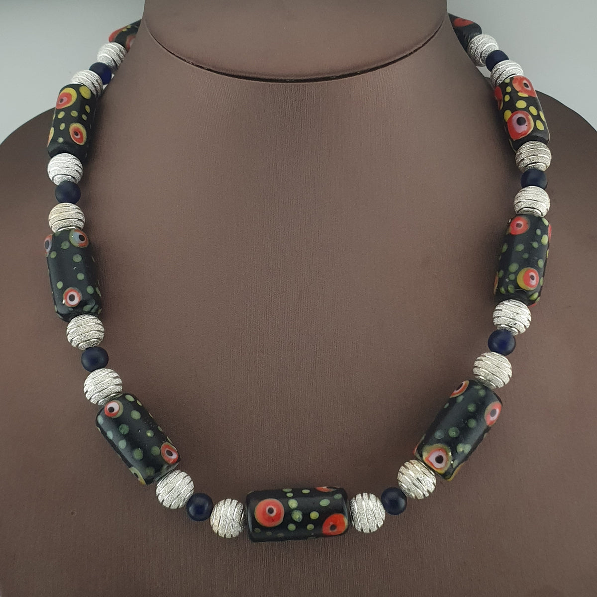 Vintage Venetian Style Eye Trade Glass, African Blue & Brass Bead Necklace