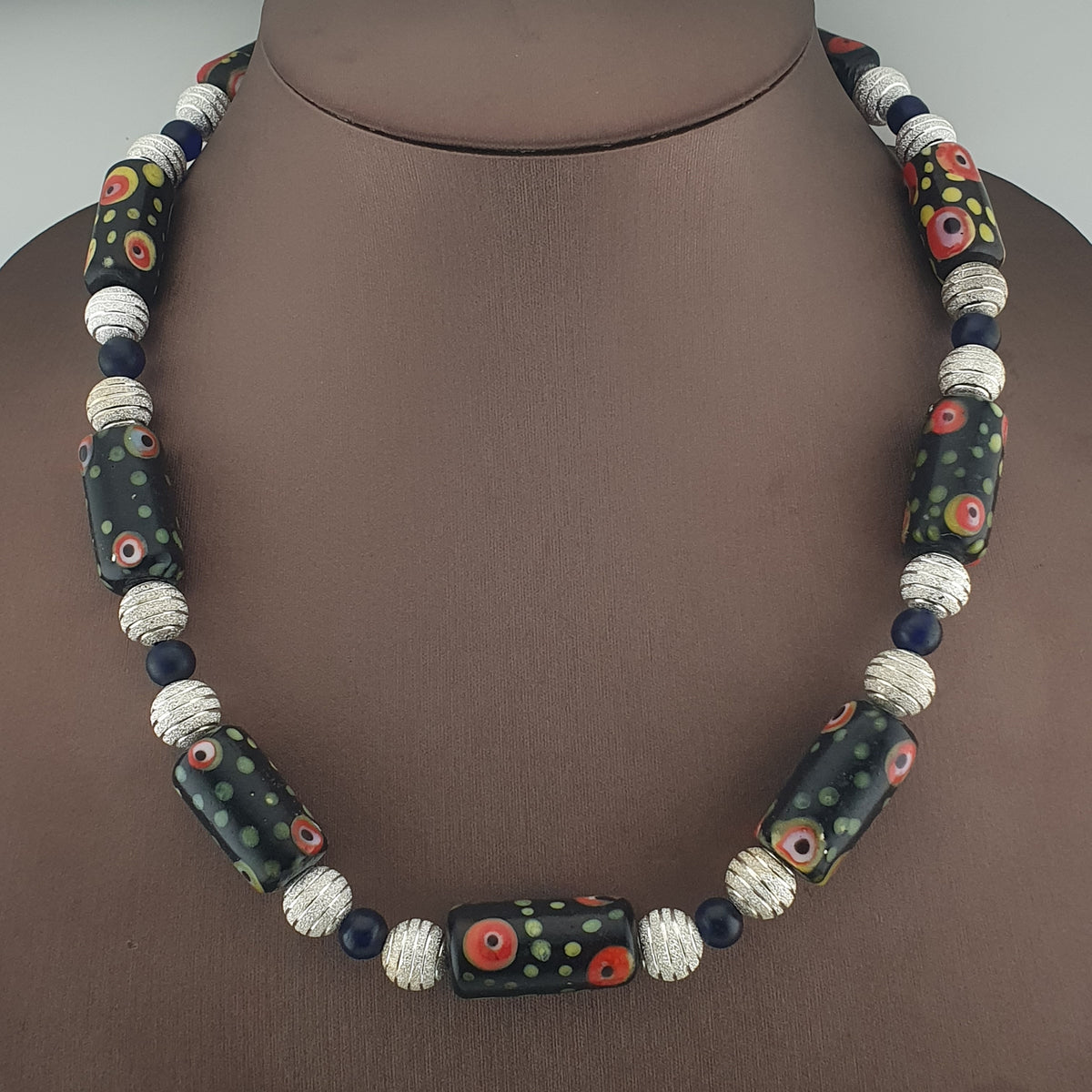 Vintage Venetian Style Eye Trade Glass, African Blue & Brass Bead Necklace