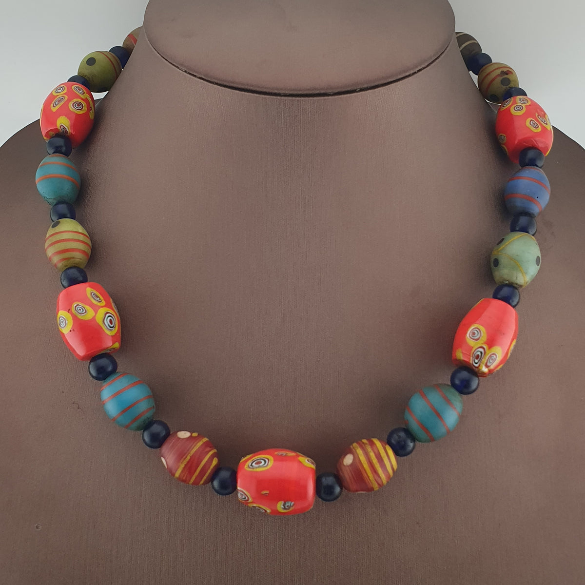 Vintage Venetian Style Mix Eyes & African Blue Glass Beads Necklace