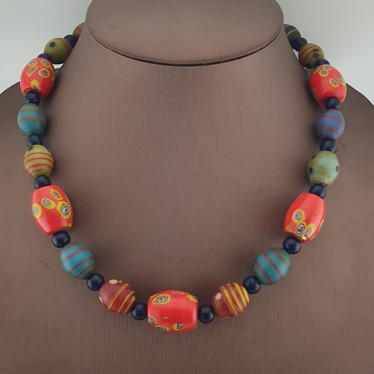 Vintage Venetian Style Mix Eyes & African Blue Glass Beads Necklace