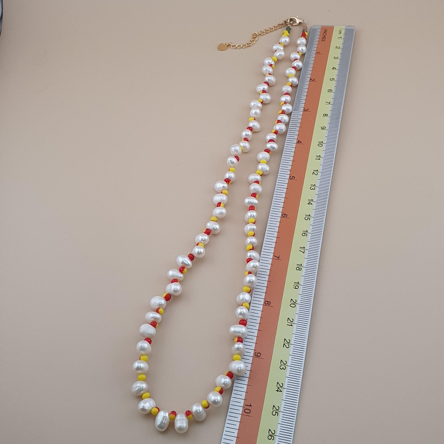 Natural Freshwater Pearl & Red Yellow Glass Beads Necklace
