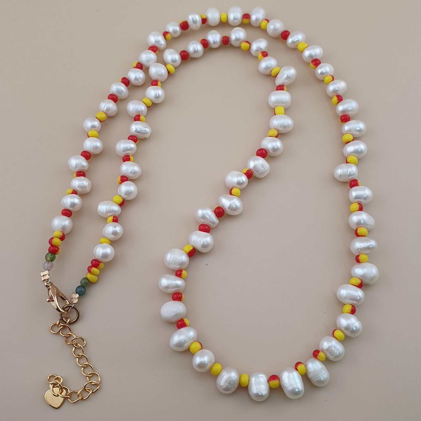 Natural Freshwater Pearl & Red Yellow Glass Beads Necklace