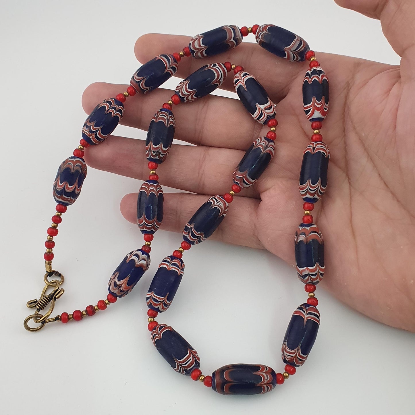 Antique Venetian Style Blue Feather Desgin & Venetian WhiteHeart Glass Beads Necklace