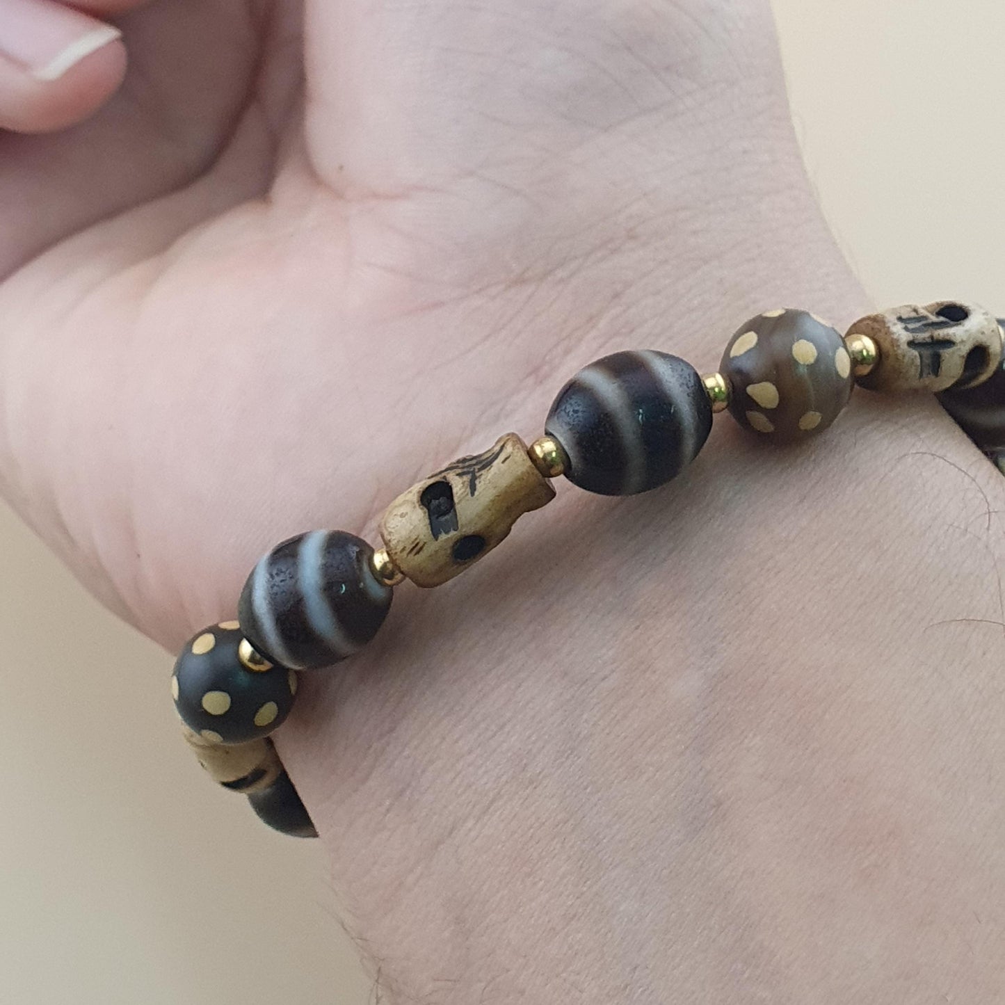 Vintage Himalayan Dzi Bracelet Two Eyes Agate & Striped Agate Beads