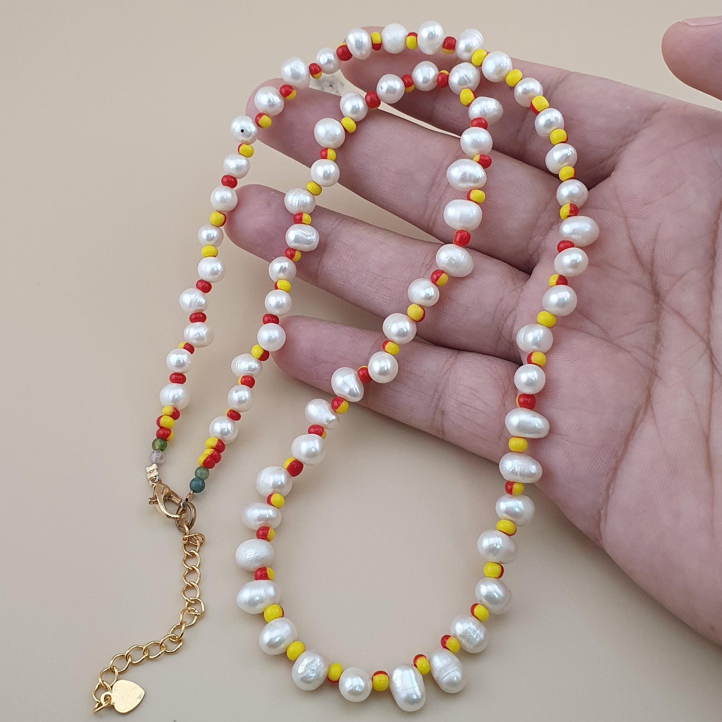 Natural Freshwater Pearl & Red Yellow Glass Beads Necklace