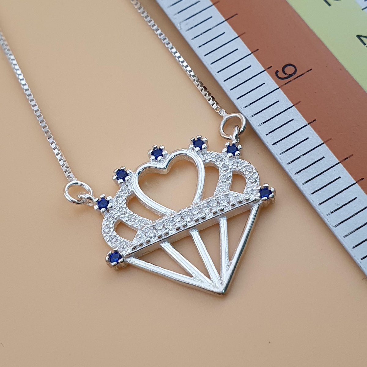 Sterling Silver Heart Crown Necklace with Blue & White CZ