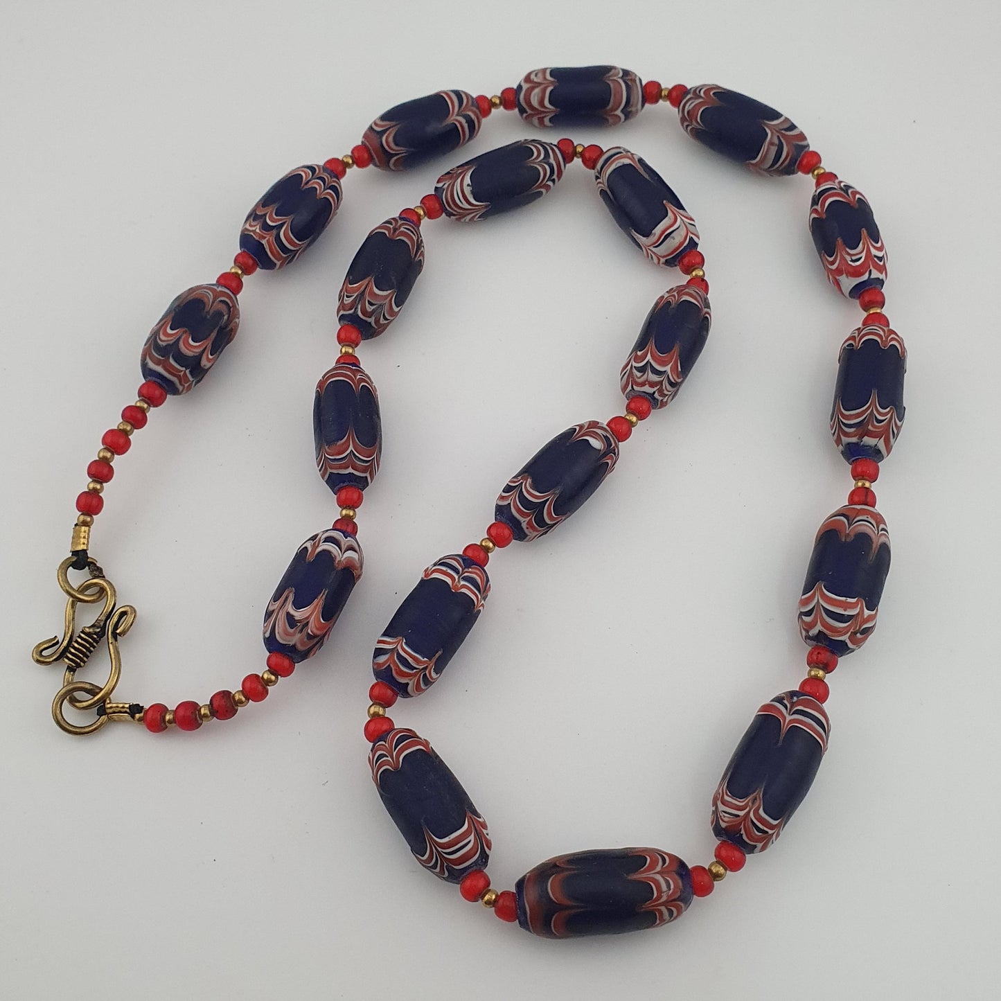 Antique Venetian Style Blue Feather Desgin & Venetian WhiteHeart Glass Beads Necklace
