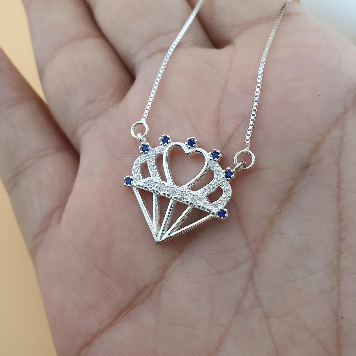 Sterling Silver Heart Crown Necklace with Blue & White CZ